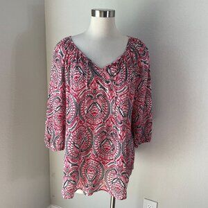 Chaps‎ Womens Large Boho Paisley Blouse Lightweight Gauzy Shirt Tie Neck Top